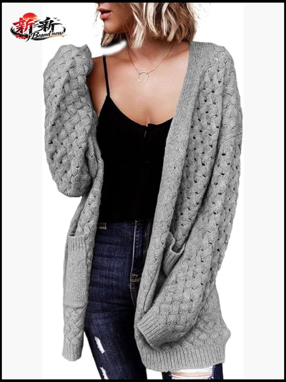 Open Front Chunky Cable Knit Long Sleeve Cardigan with Pockets